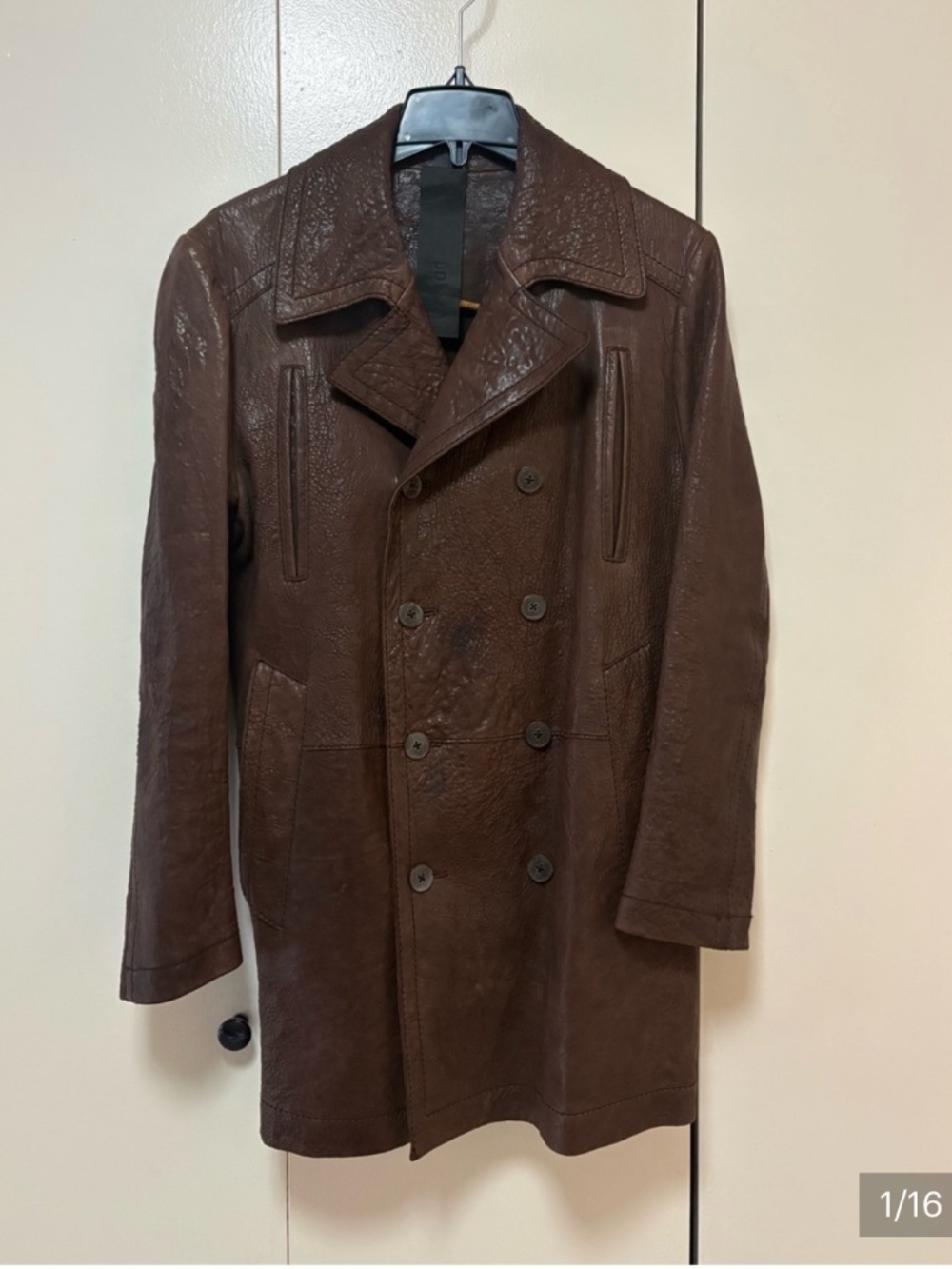 OFF-PR STYLE MEN'S BROWN LEATHER DOUBLE-BREASTED COAT SIZE 48